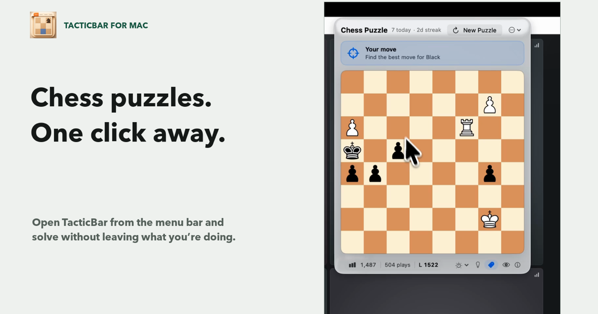 TacticBar open from the Mac menu bar, showing a readable chess puzzle, puzzle rating and play count